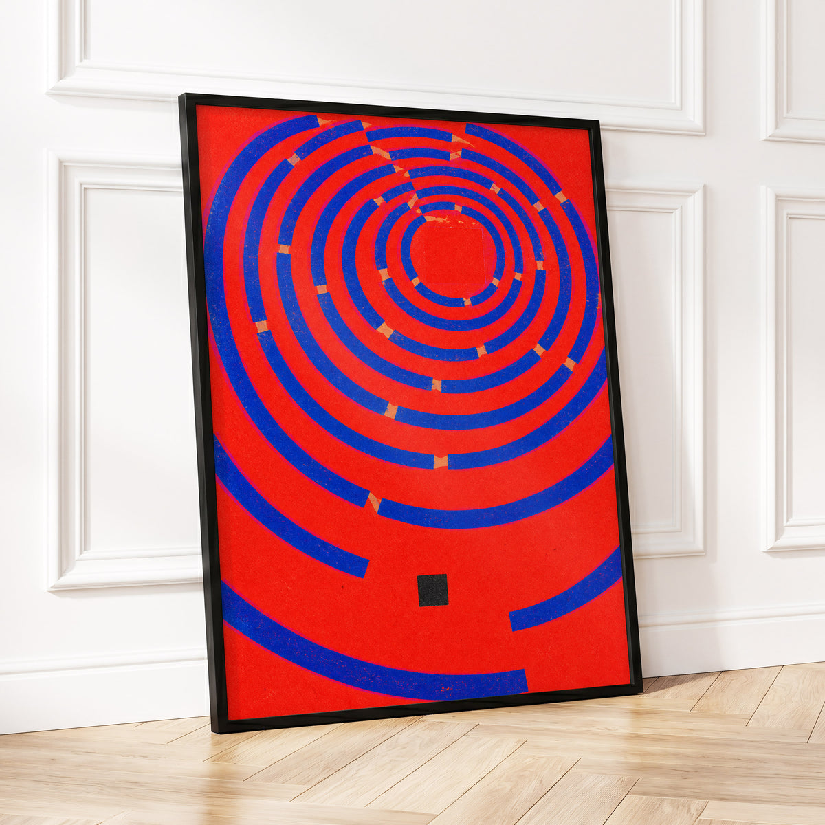 Cobalt Circuit, red, blue, orange abstract wall art displayed in a styled interior, gallery view 9