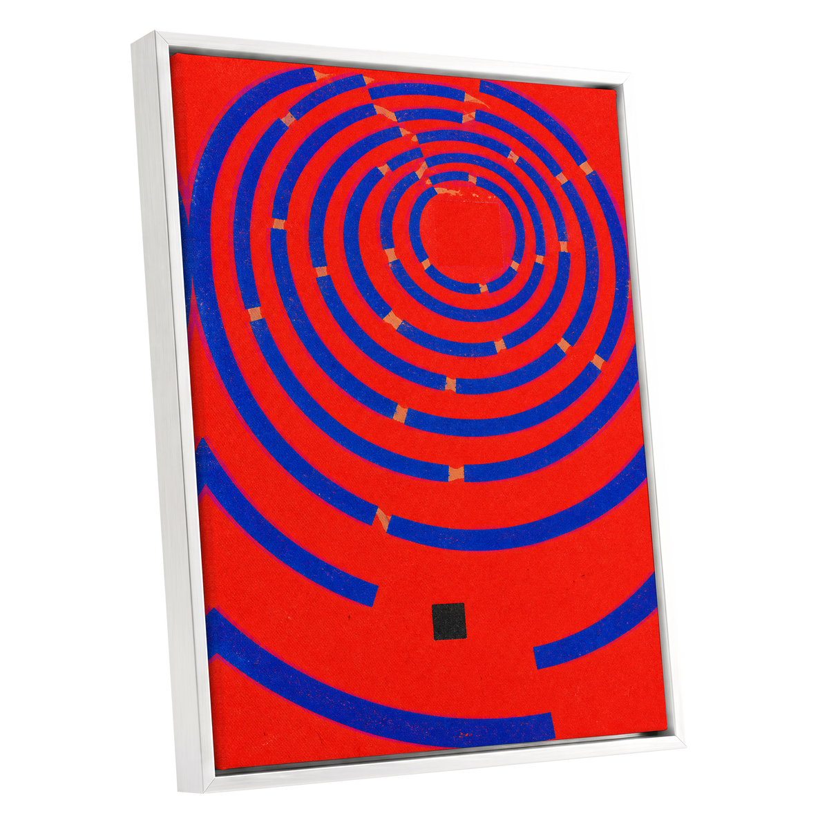 Cobalt Circuit, red, blue, orange abstract wall art shown as a white framed canvas wall art