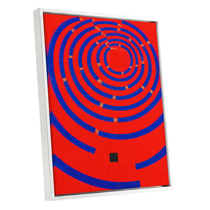 Cobalt Circuit, red, blue, orange abstract wall art shown as a white framed canvas wall art
