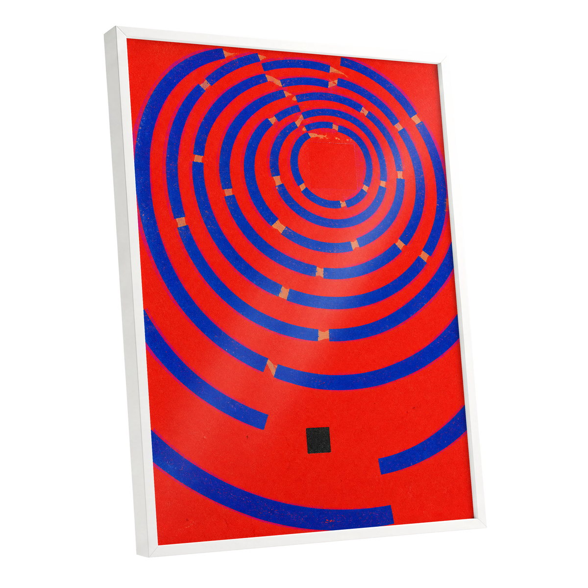 Cobalt Circuit, red, blue, orange abstract wall art shown as a white framed poster wall art print