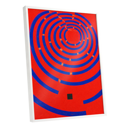 Cobalt Circuit, red, blue, orange abstract wall art shown as a white framed poster wall art print