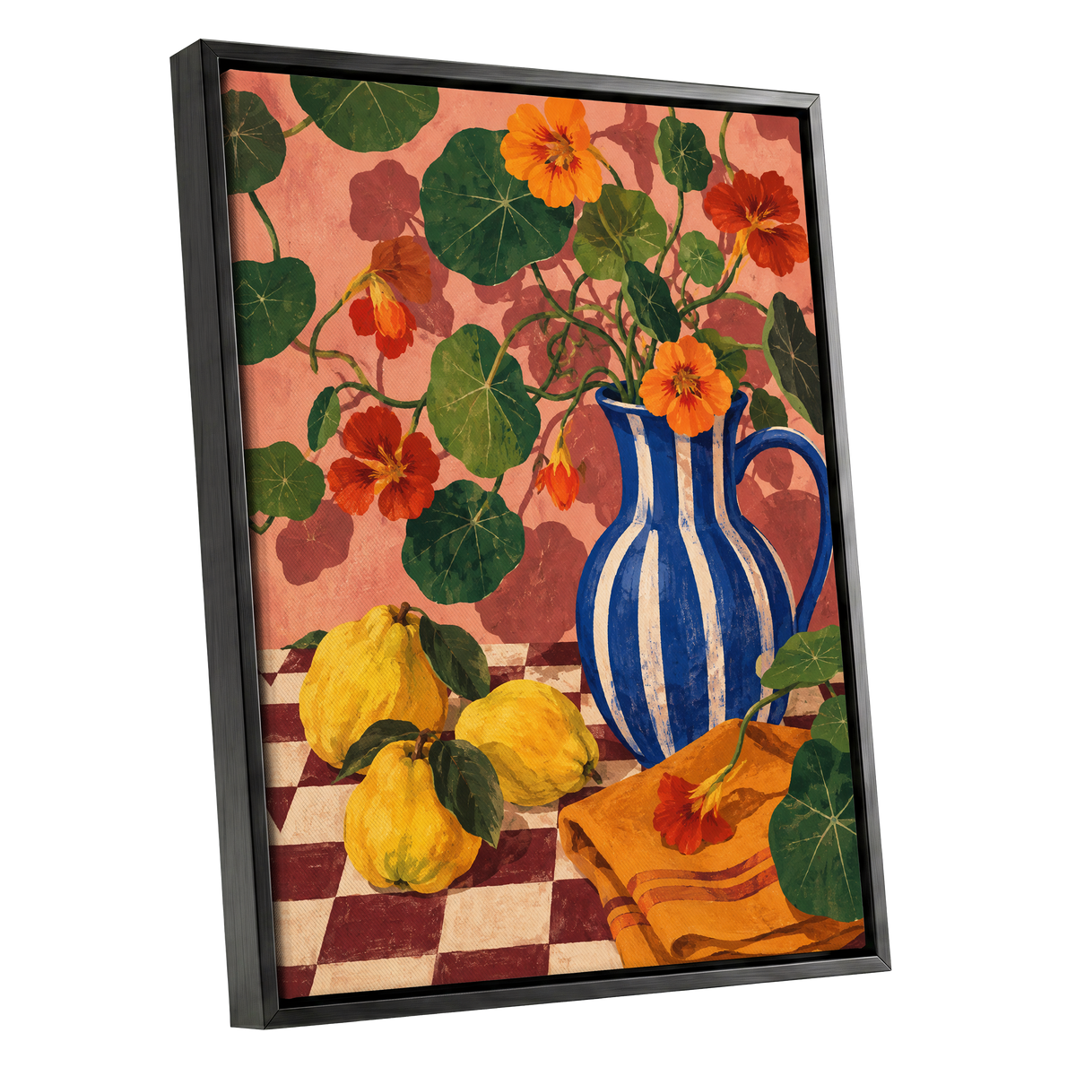Cobalt Citrus Bloom, blue, green, orange floral wall art shown as a black framed canvas wall art