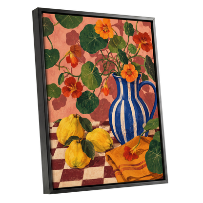 Cobalt Citrus Bloom, blue, green, orange floral wall art shown as a black framed canvas wall art