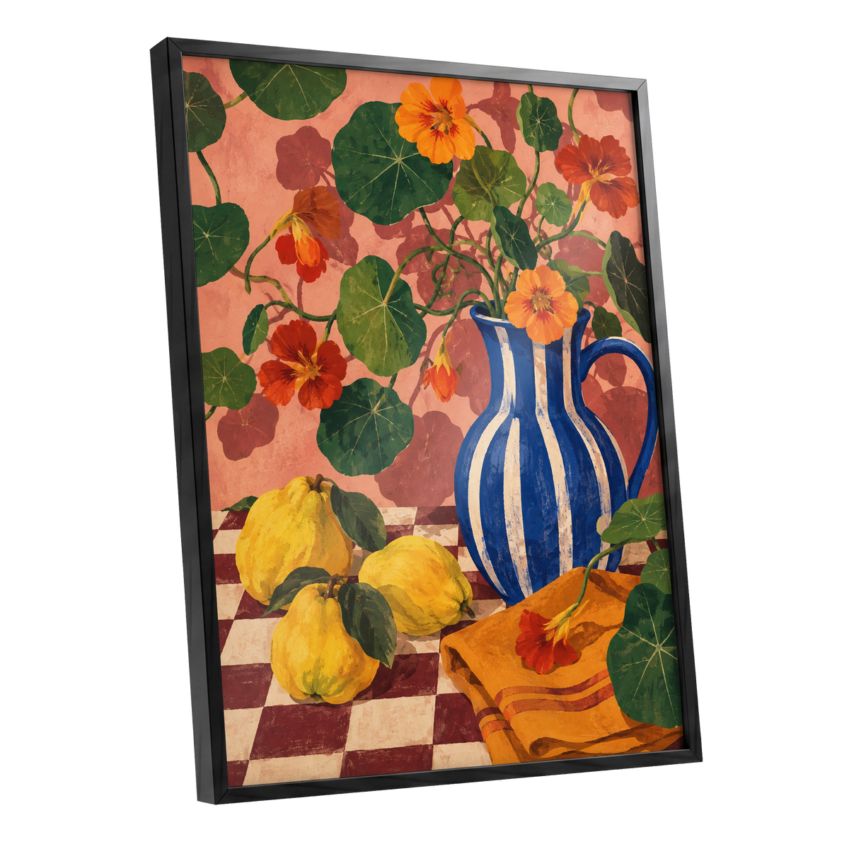 Cobalt Citrus Bloom, blue, green, orange floral wall art shown as a black framed poster wall art print