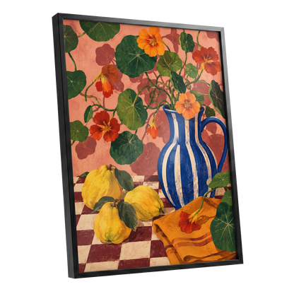 Cobalt Citrus Bloom, blue, green, orange floral wall art shown as a black framed poster wall art print