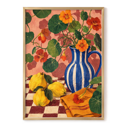 Cobalt Citrus Bloom, blue, green, orange floral wall art, front artwork view