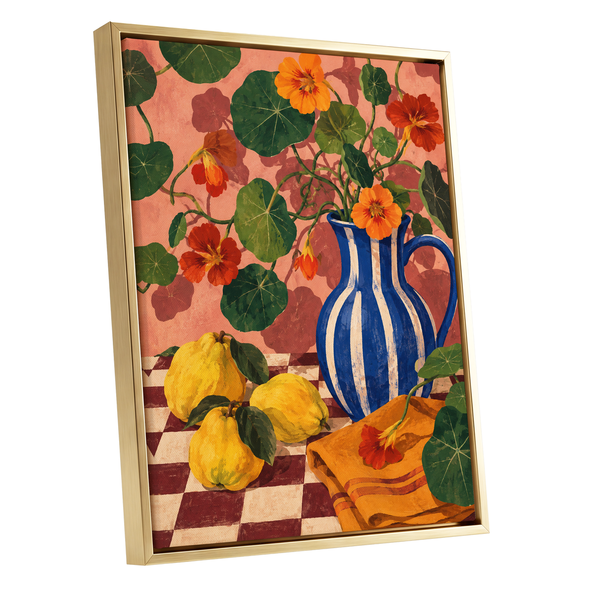 Cobalt Citrus Bloom, blue, green, orange floral wall art shown as a gold framed canvas wall art