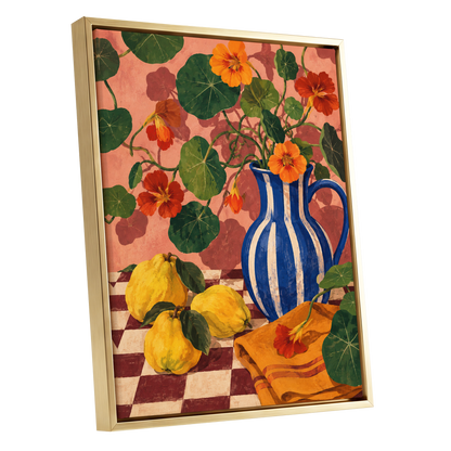 Cobalt Citrus Bloom, blue, green, orange floral wall art shown as a gold framed canvas wall art