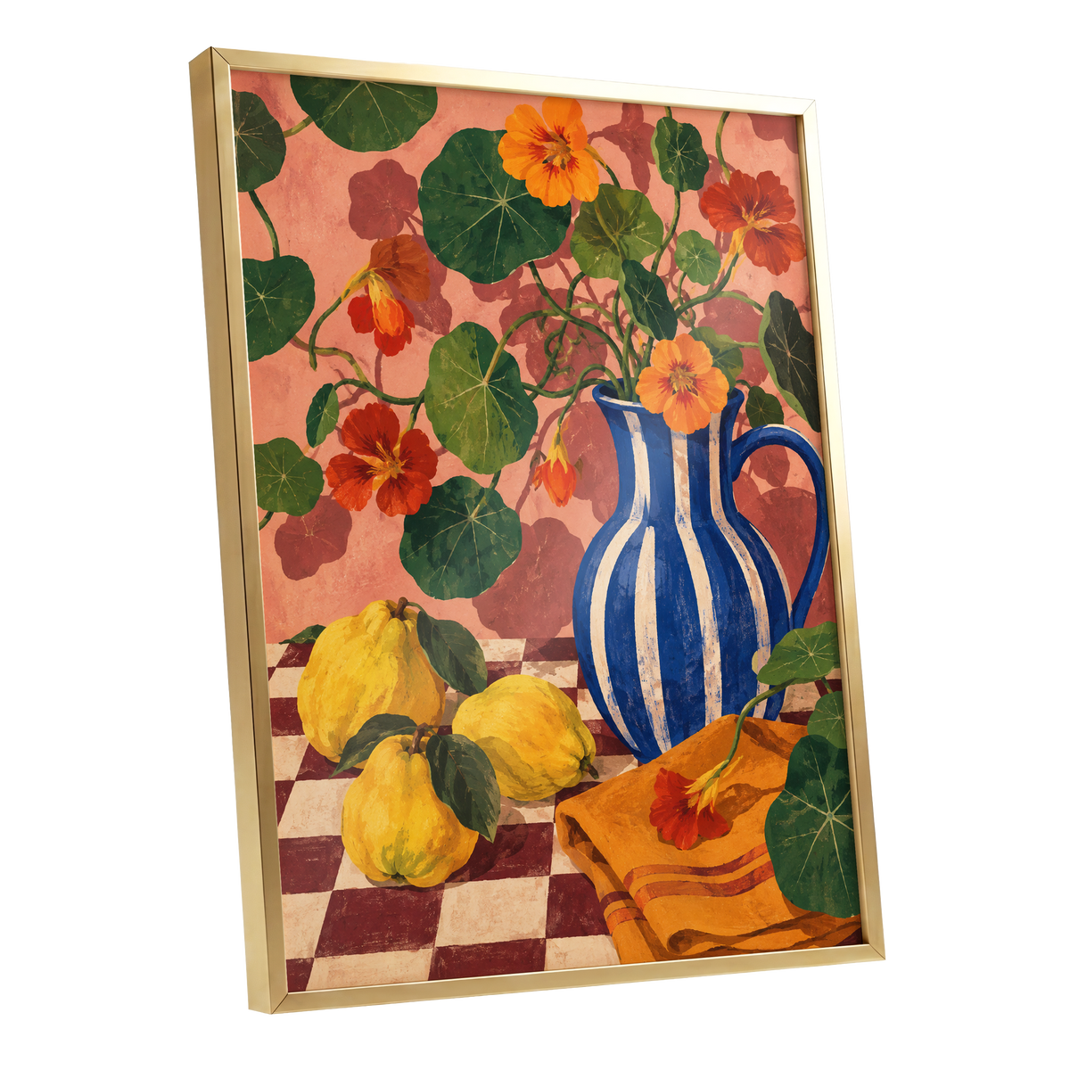 Cobalt Citrus Bloom, blue, green, orange floral wall art shown as a gold framed poster wall art print