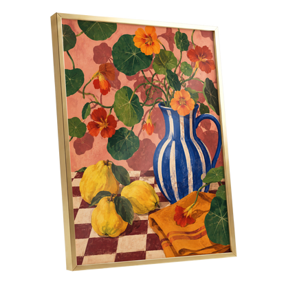 Cobalt Citrus Bloom, blue, green, orange floral wall art shown as a gold framed poster wall art print