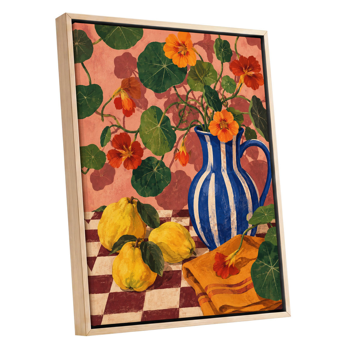 Cobalt Citrus Bloom, blue, green, orange floral wall art shown as a oak framed canvas wall art