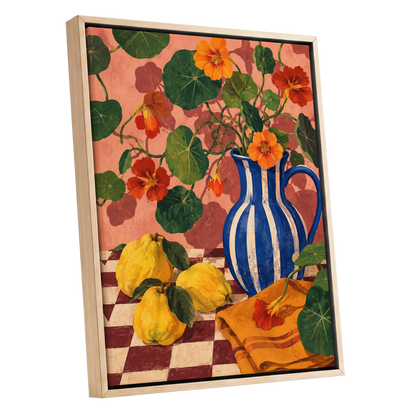 Cobalt Citrus Bloom, blue, green, orange floral wall art shown as a oak framed canvas wall art