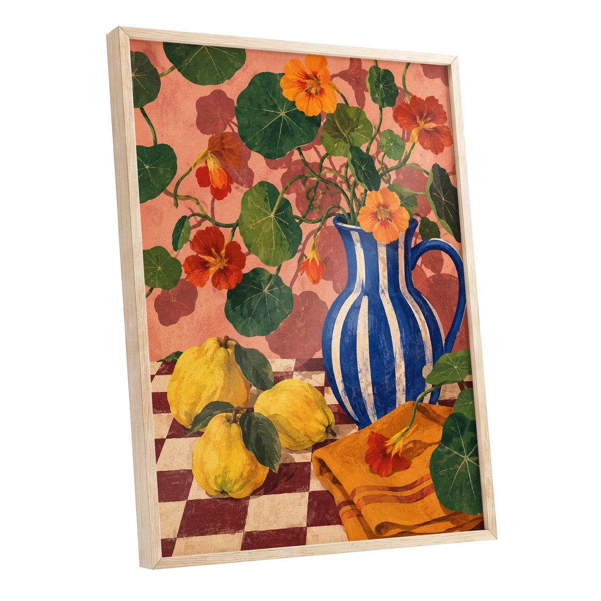 Cobalt Citrus Bloom, blue, green, orange floral wall art shown as a oak framed poster wall art print