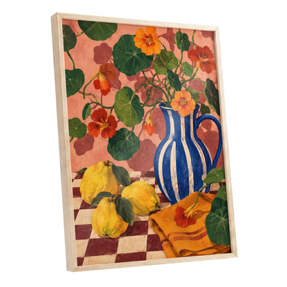 Cobalt Citrus Bloom, blue, green, orange floral wall art shown as a oak framed poster wall art print