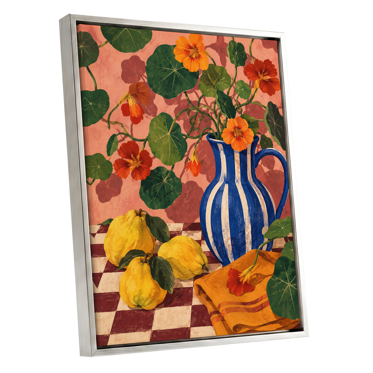 Cobalt Citrus Bloom, blue, green, orange floral wall art shown as a silver framed canvas wall art