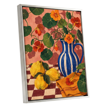 Cobalt Citrus Bloom, blue, green, orange floral wall art shown as a silver framed canvas wall art