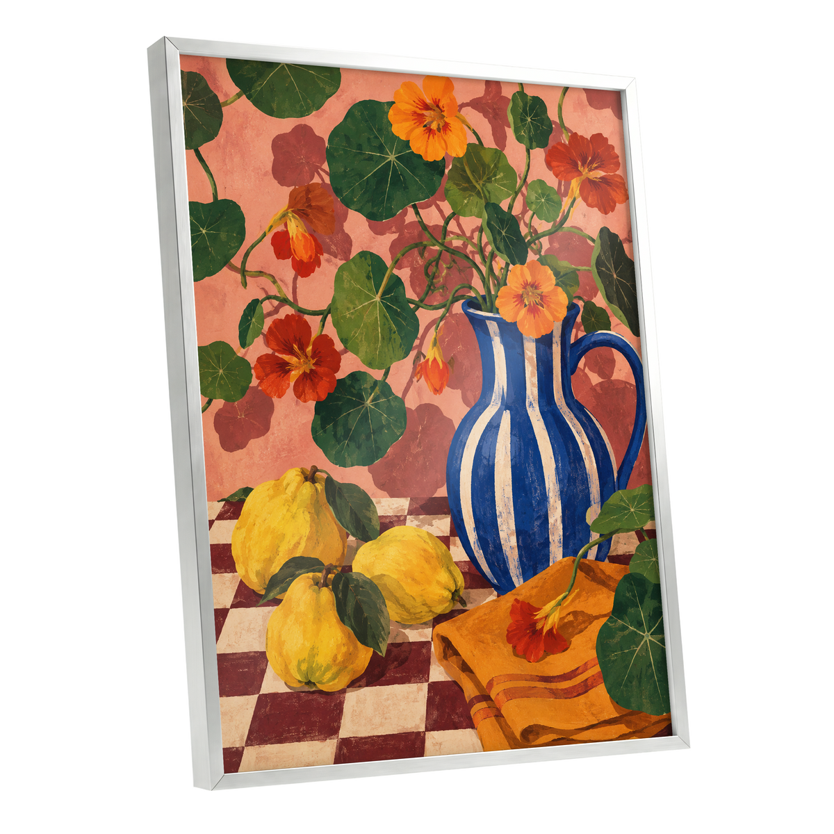 Cobalt Citrus Bloom, blue, green, orange floral wall art shown as a silver framed poster wall art print
