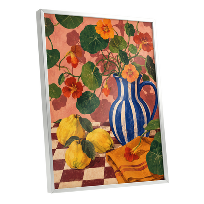 Cobalt Citrus Bloom, blue, green, orange floral wall art shown as a silver framed poster wall art print