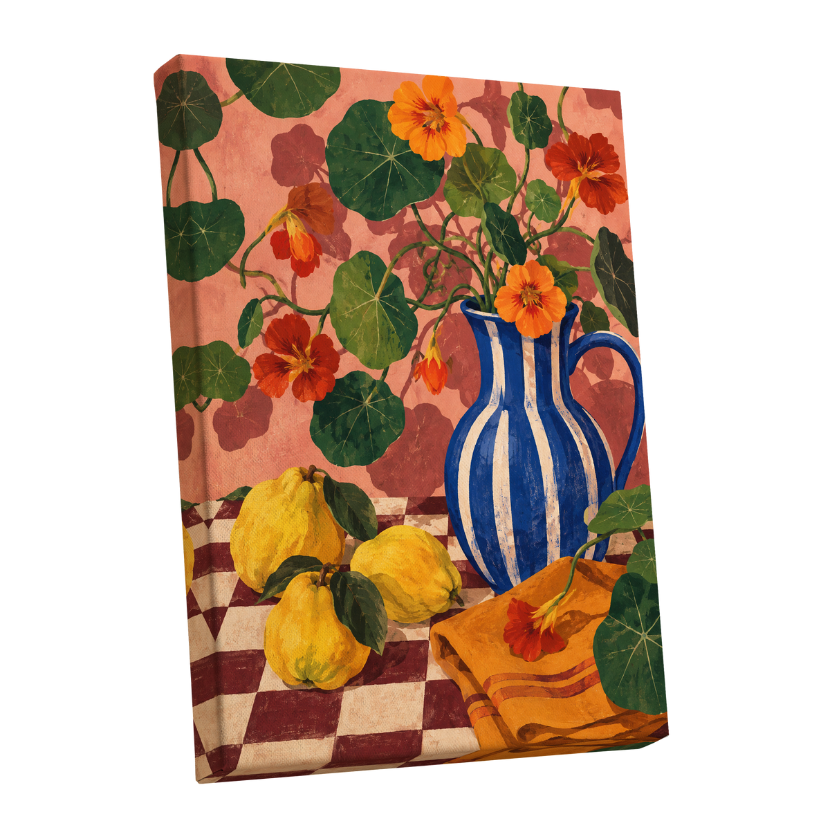 Cobalt Citrus Bloom, blue, green, orange floral wall art shown as a stretched canvas wall art