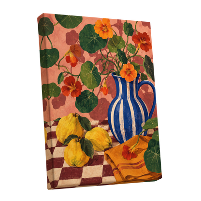 Cobalt Citrus Bloom, blue, green, orange floral wall art shown as a stretched canvas wall art