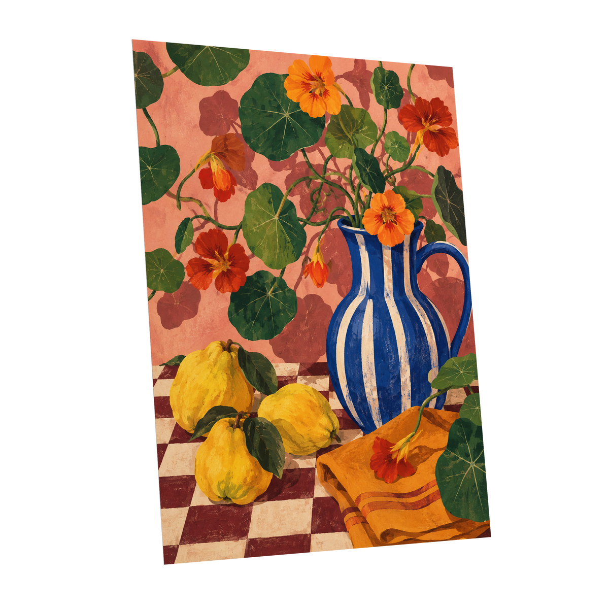 Cobalt Citrus Bloom, blue, green, orange floral wall art shown as a unframed poster wall art print