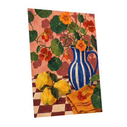 Cobalt Citrus Bloom, blue, green, orange floral wall art shown as a unframed poster wall art print