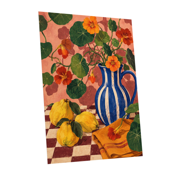 Cobalt Citrus Bloom, blue, green, orange floral wall art shown as a unframed poster wall art print
