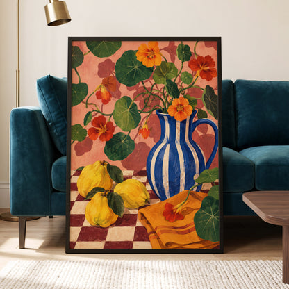 Cobalt Citrus Bloom, blue, green, orange floral wall art displayed in a styled interior, gallery view 2