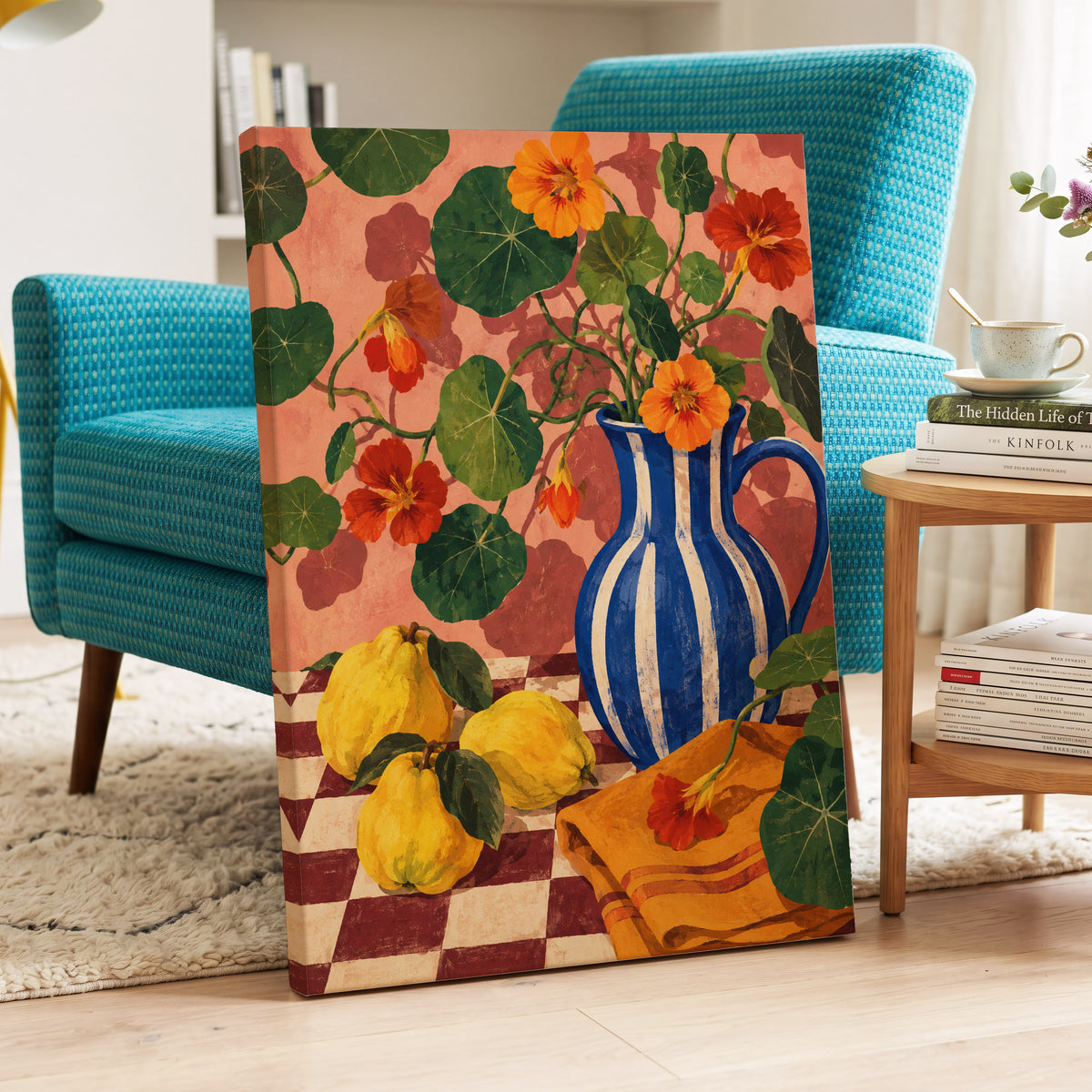 Cobalt Citrus Bloom, blue, green, orange floral wall art displayed in a styled interior, gallery view 3