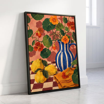 Cobalt Citrus Bloom, blue, green, orange floral wall art displayed in a styled interior, gallery view 4