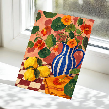 Cobalt Citrus Bloom, blue, green, orange floral wall art displayed in a styled interior, gallery view 5