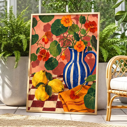 Cobalt Citrus Bloom, blue, green, orange floral wall art displayed in a styled interior, gallery view 6
