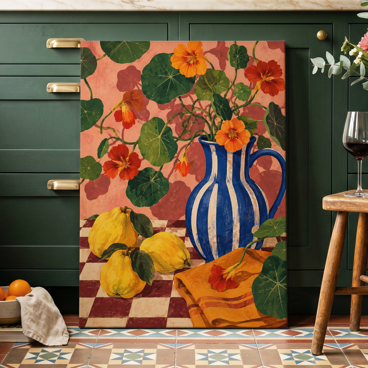 Cobalt Citrus Bloom, blue, green, orange floral wall art displayed in a styled interior, gallery view 7