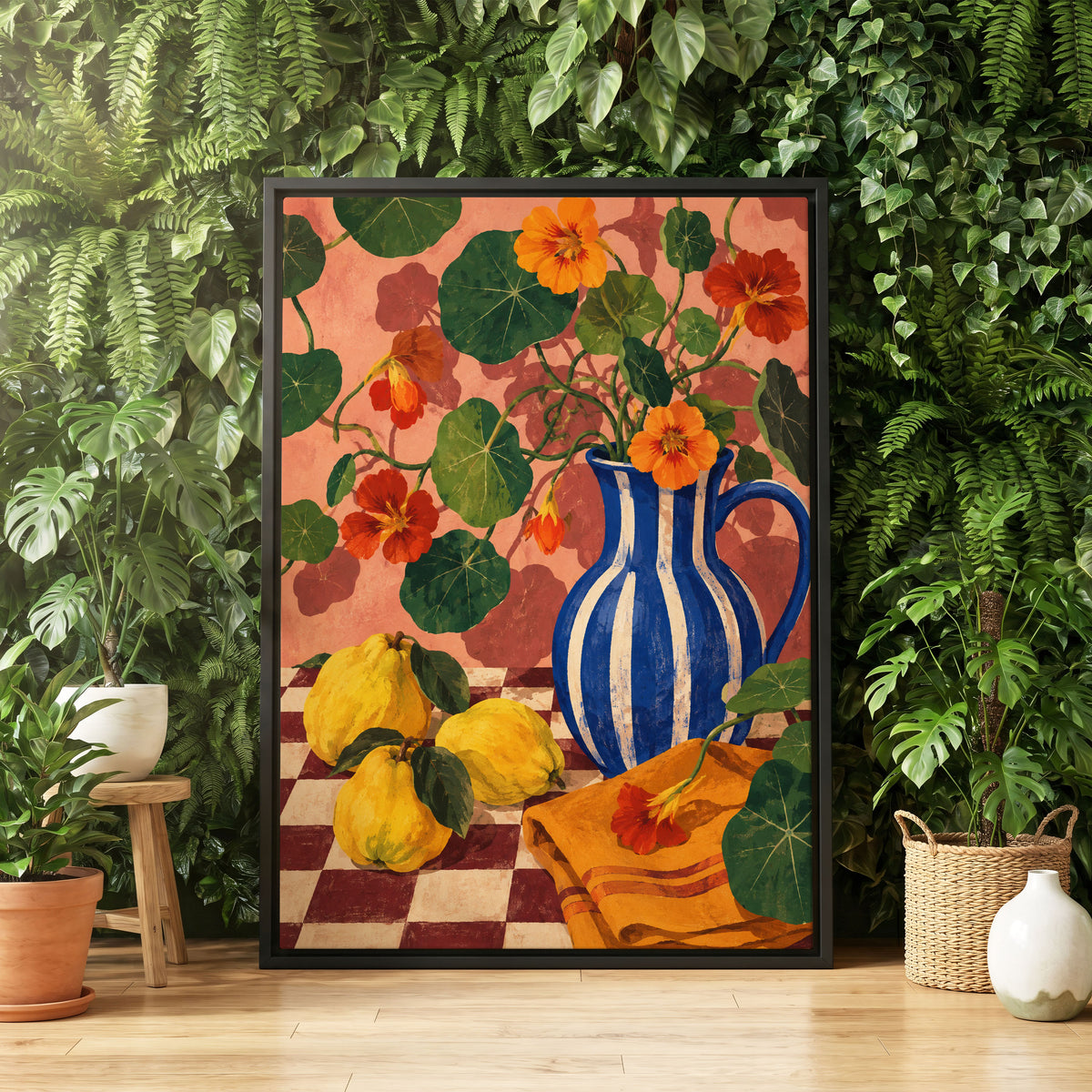 Cobalt Citrus Bloom, blue, green, orange floral wall art displayed in a styled interior, gallery view 8