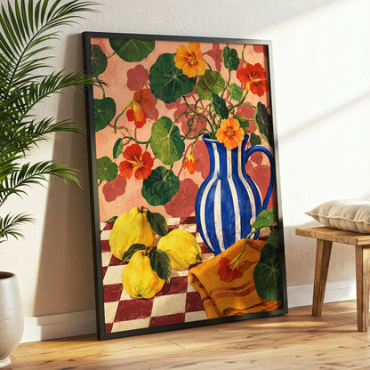 Cobalt Citrus Bloom, blue, green, orange floral wall art displayed in a styled interior, gallery view 9
