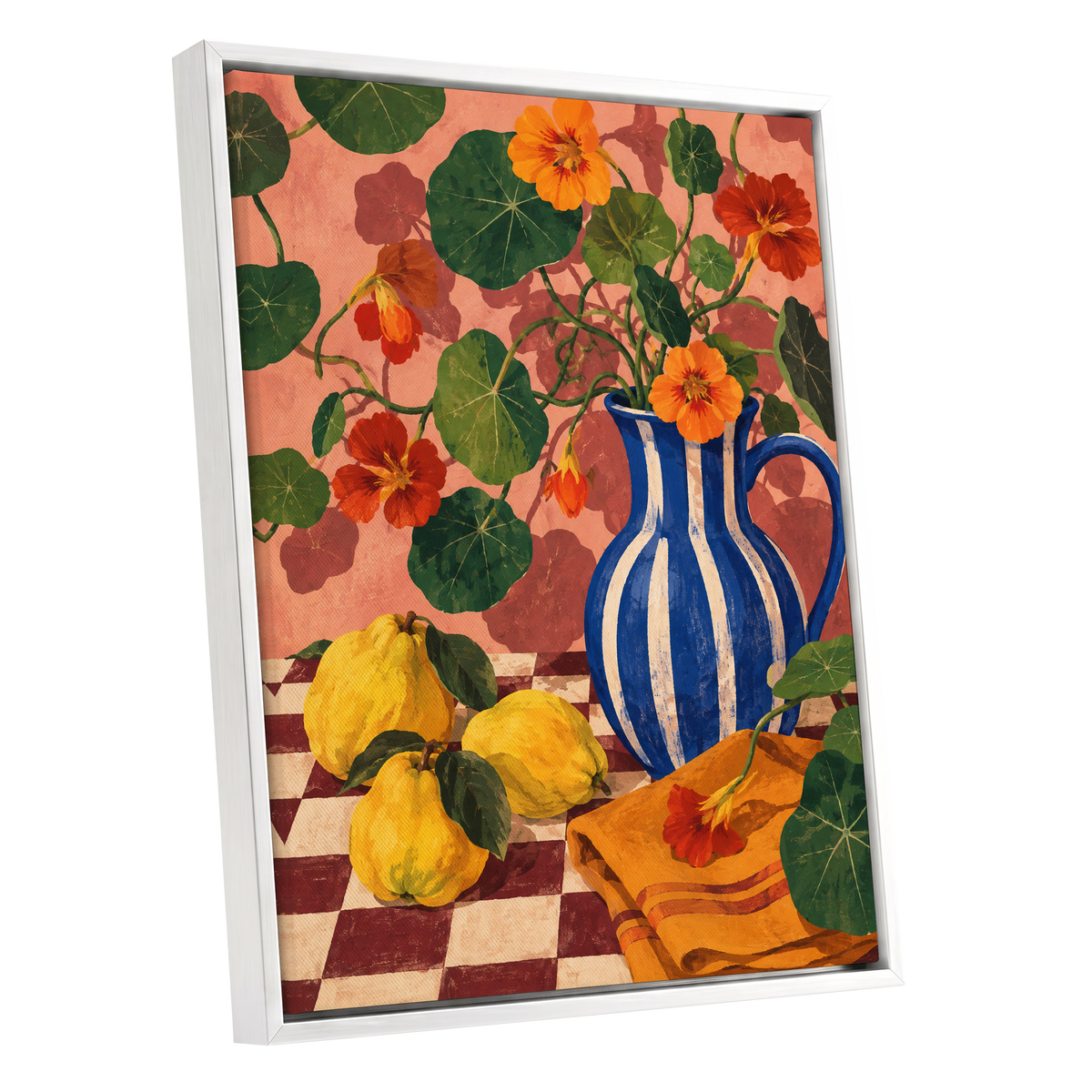 Cobalt Citrus Bloom, blue, green, orange floral wall art shown as a white framed canvas wall art