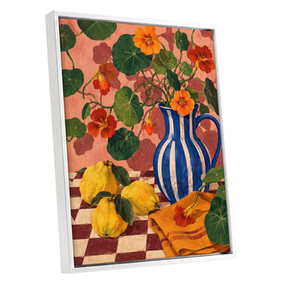 Cobalt Citrus Bloom, blue, green, orange floral wall art shown as a white framed canvas wall art