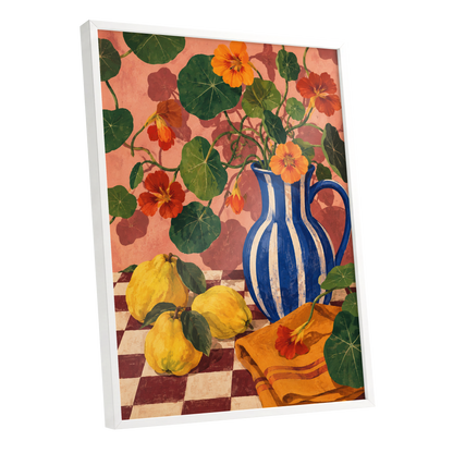 Cobalt Citrus Bloom, blue, green, orange floral wall art shown as a white framed poster wall art print