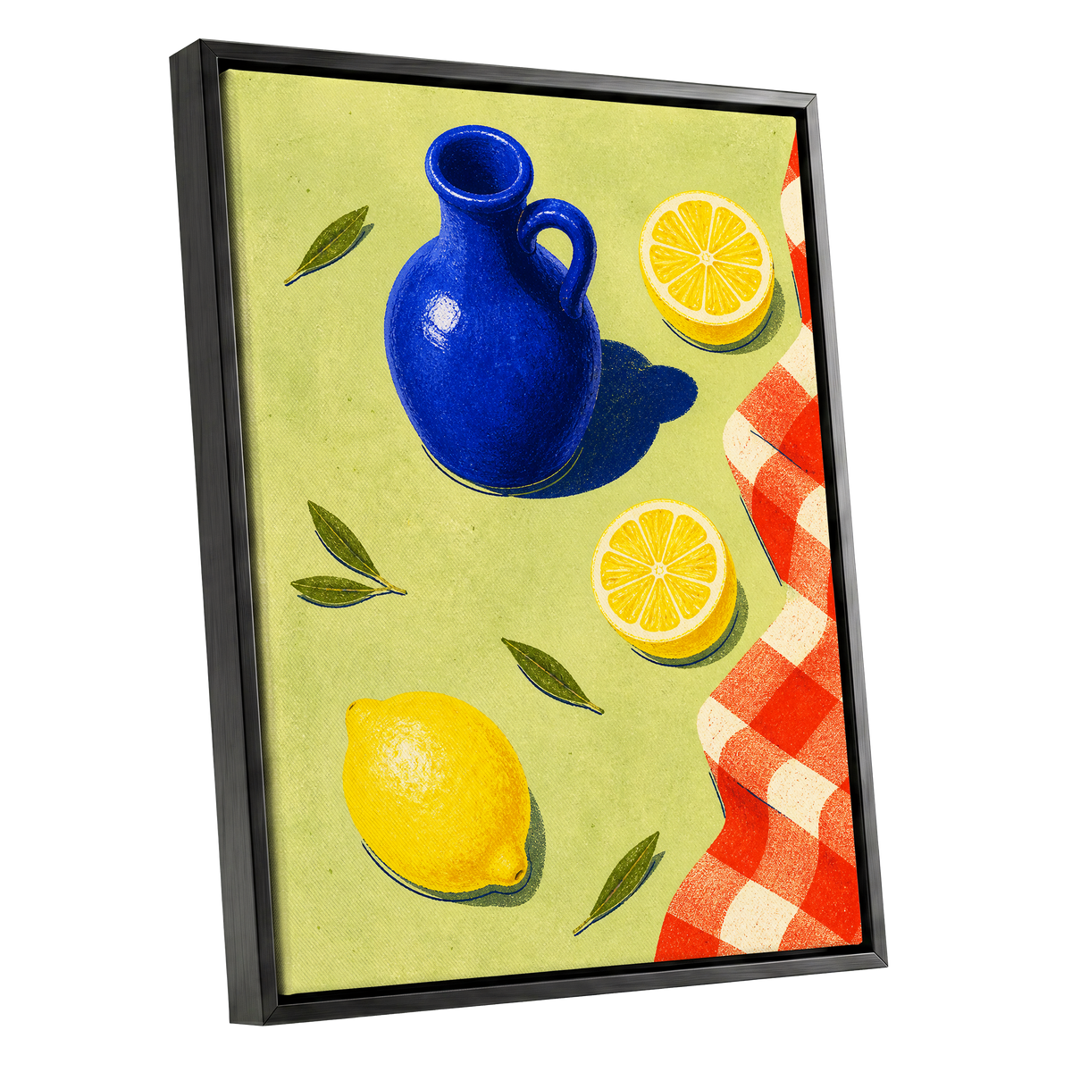 Cobalt Citrus Picnic, blue, yellow, green nature wall art shown as a black framed canvas wall art