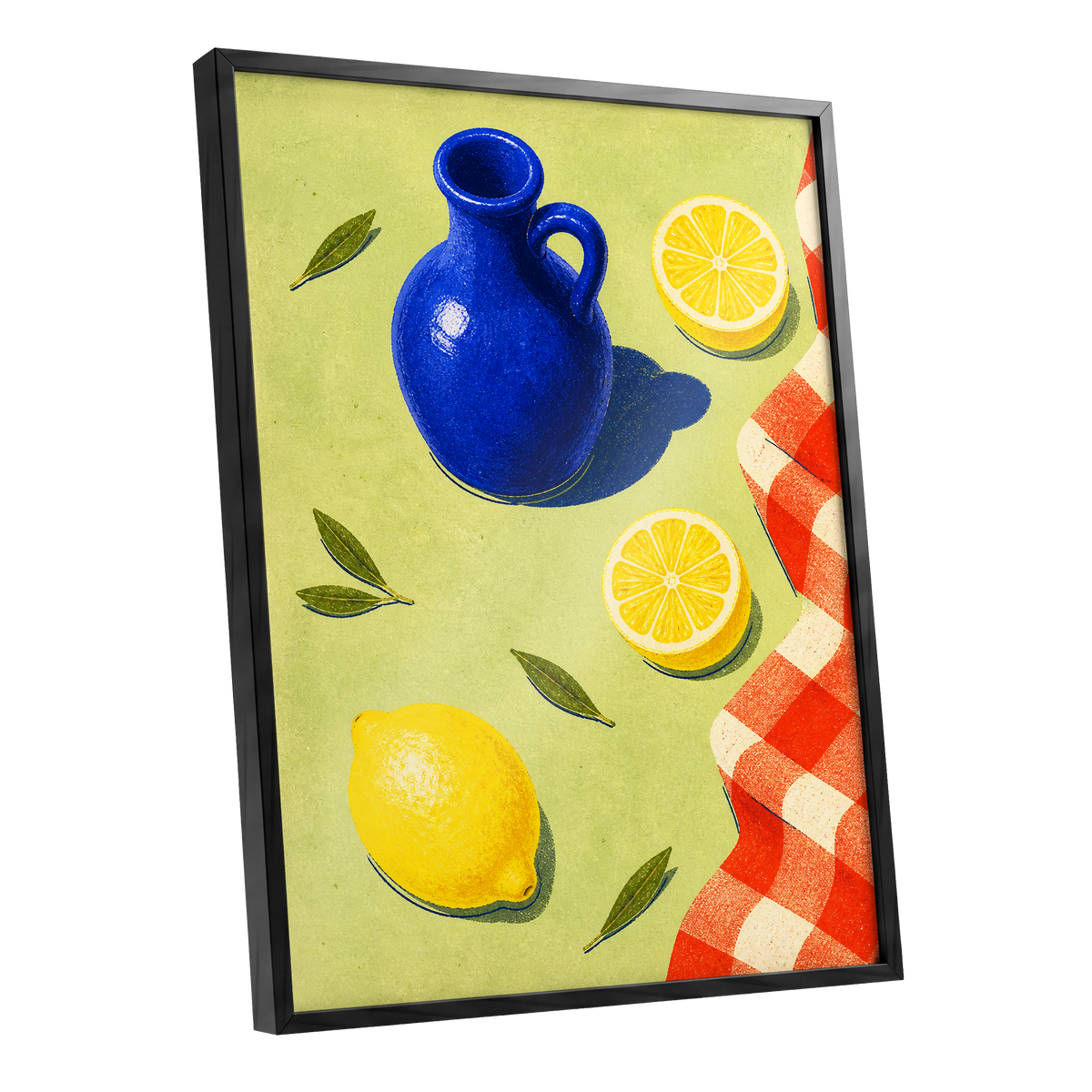 Cobalt Citrus Picnic, blue, yellow, green nature wall art shown as a black framed poster wall art print