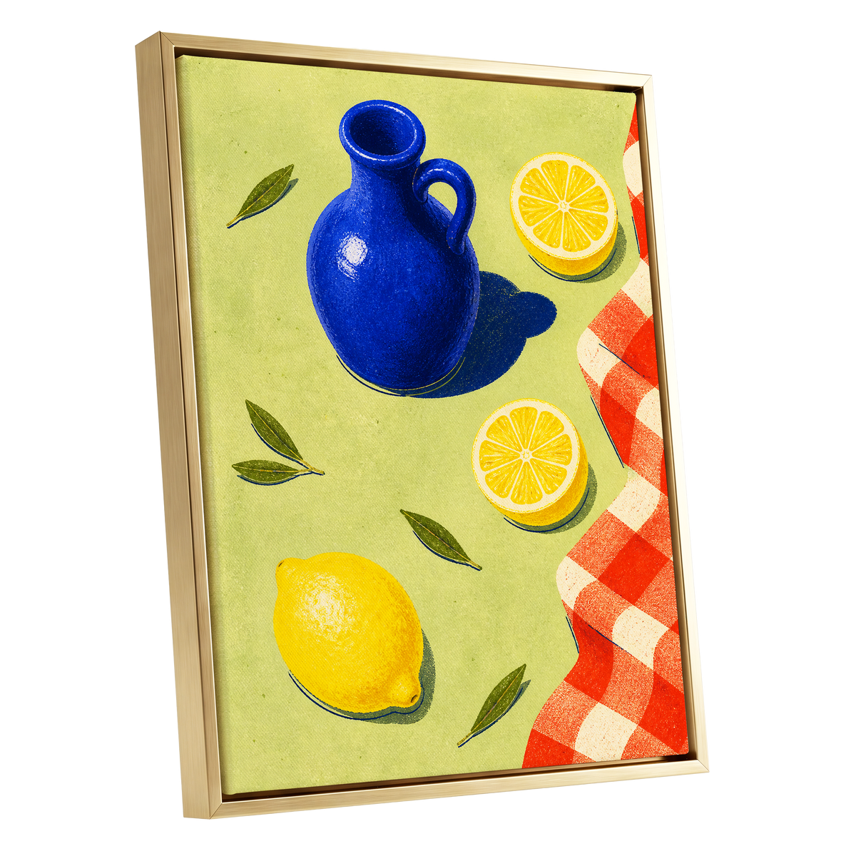 Cobalt Citrus Picnic, blue, yellow, green nature wall art shown as a gold framed canvas wall art