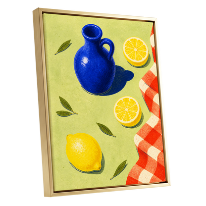 Cobalt Citrus Picnic, blue, yellow, green nature wall art shown as a gold framed canvas wall art