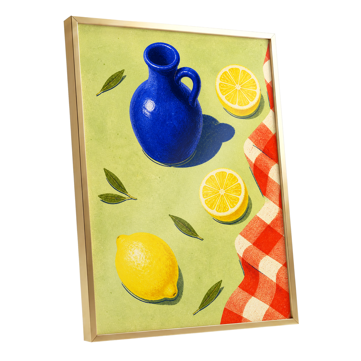 Cobalt Citrus Picnic, blue, yellow, green nature wall art shown as a gold framed poster wall art print