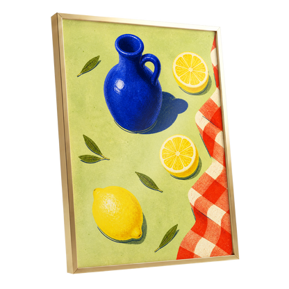 Cobalt Citrus Picnic, blue, yellow, green nature wall art shown as a gold framed poster wall art print