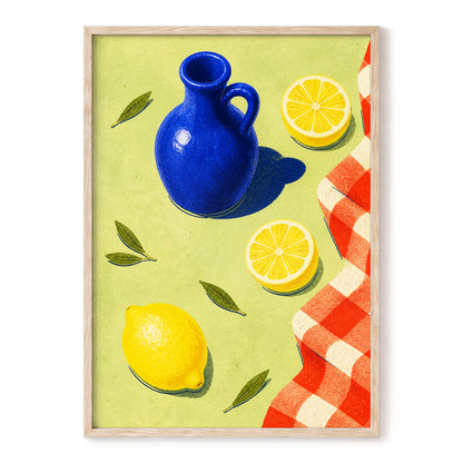 Cobalt Citrus Picnic, blue, yellow, green nature wall art, front artwork view