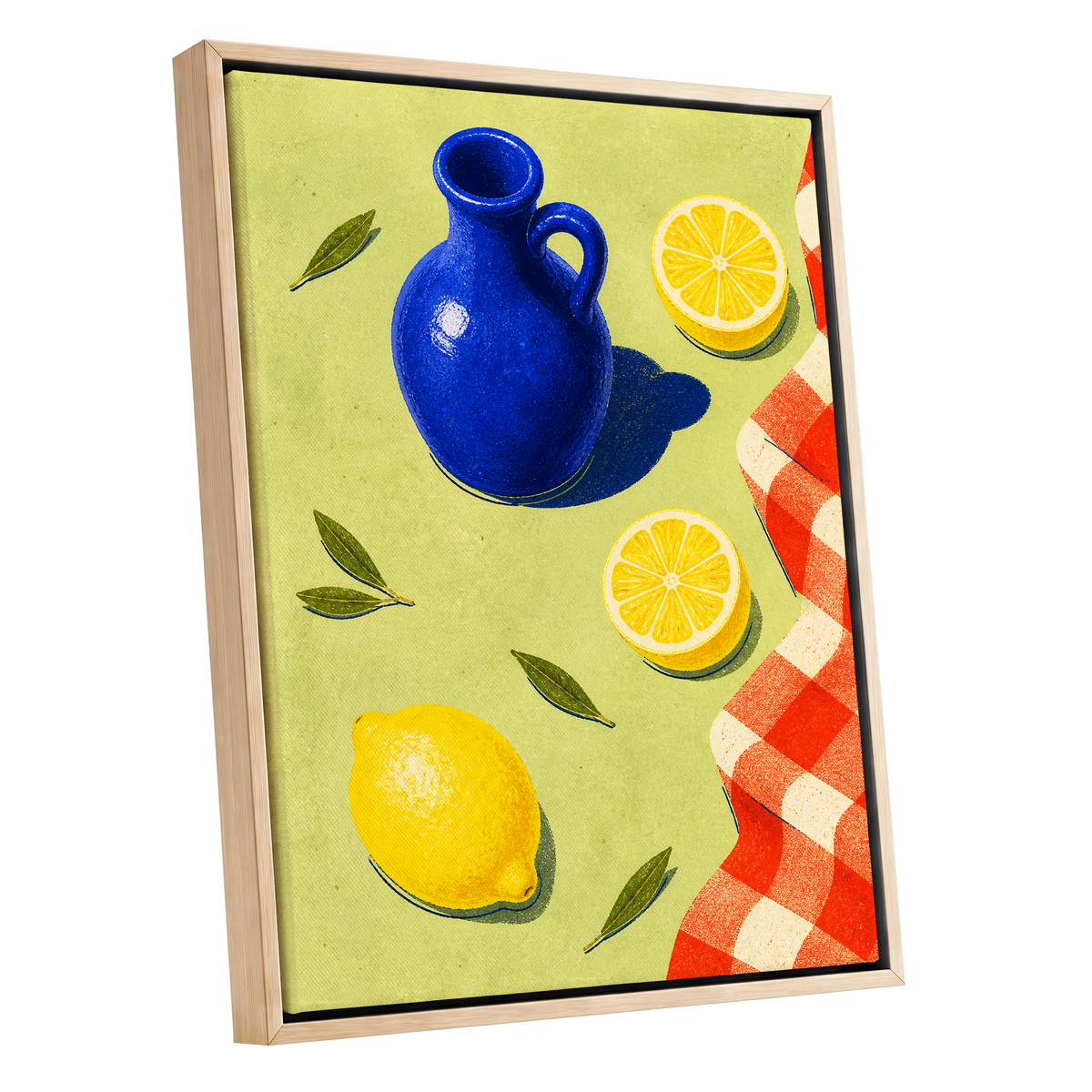 Cobalt Citrus Picnic, blue, yellow, green nature wall art shown as a oak framed canvas wall art