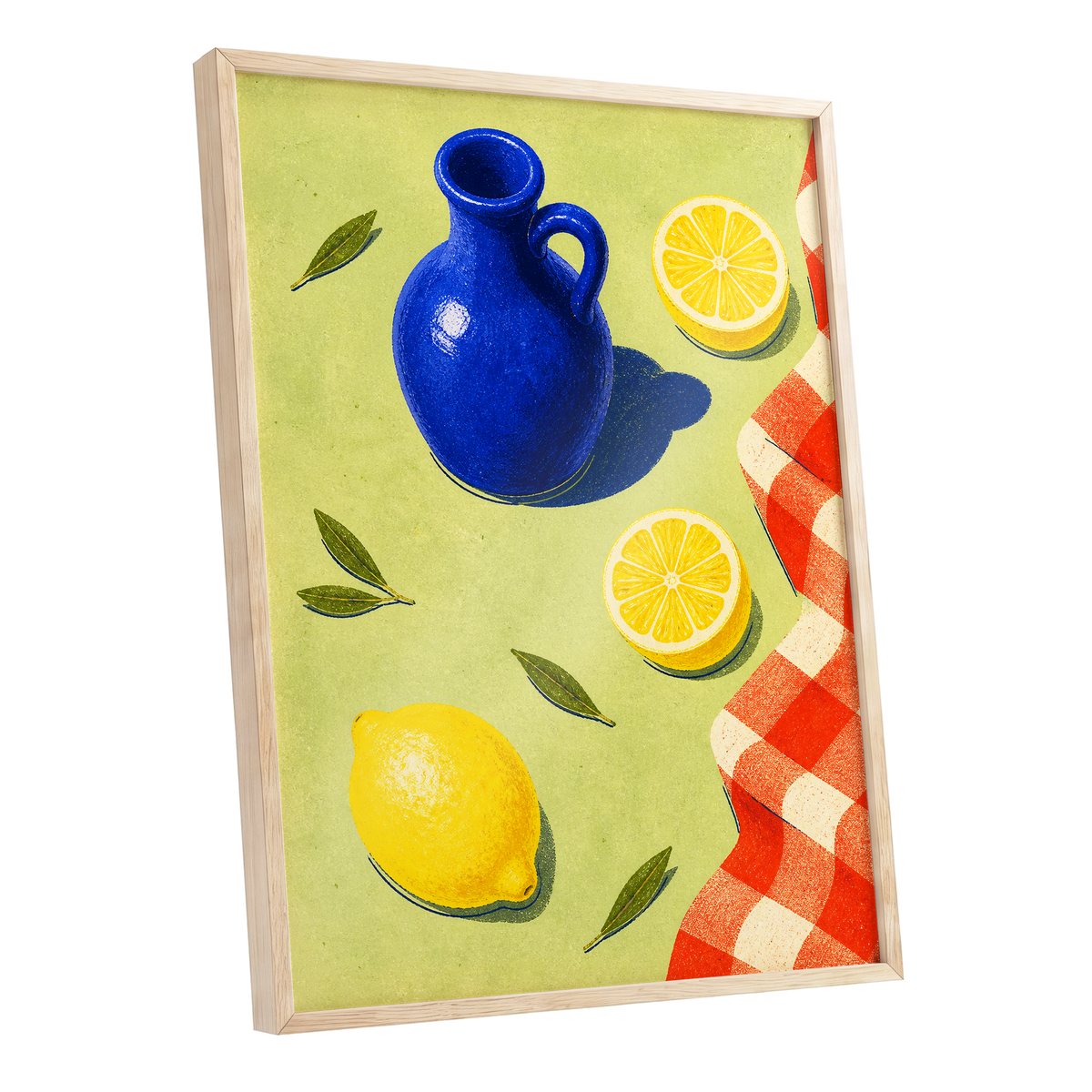 Cobalt Citrus Picnic, blue, yellow, green nature wall art shown as a oak framed poster wall art print