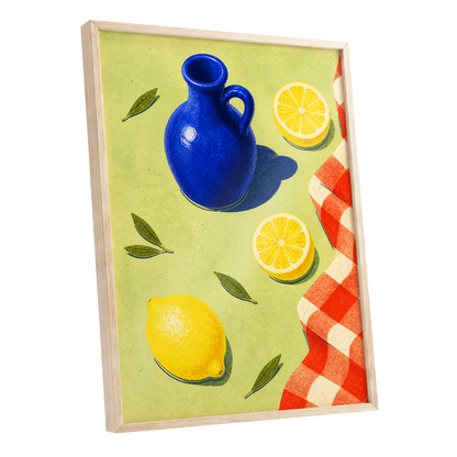 Cobalt Citrus Picnic, blue, yellow, green nature wall art shown as a oak framed poster wall art print