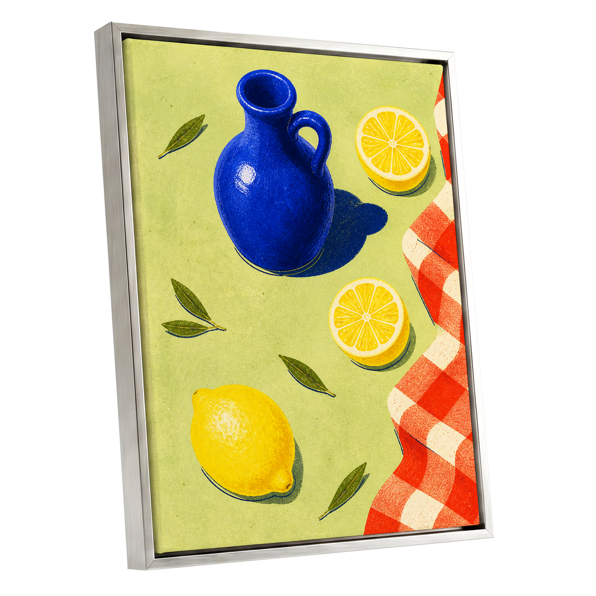 Cobalt Citrus Picnic, blue, yellow, green nature wall art shown as a silver framed canvas wall art