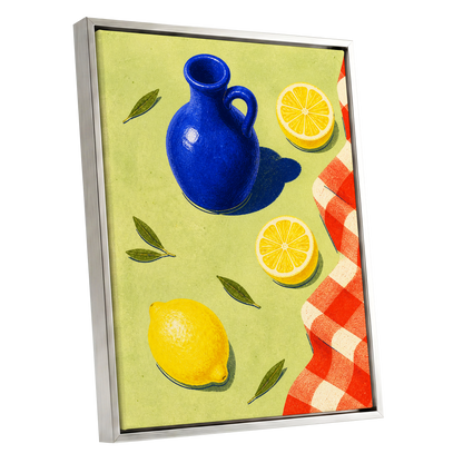 Cobalt Citrus Picnic, blue, yellow, green nature wall art shown as a silver framed canvas wall art